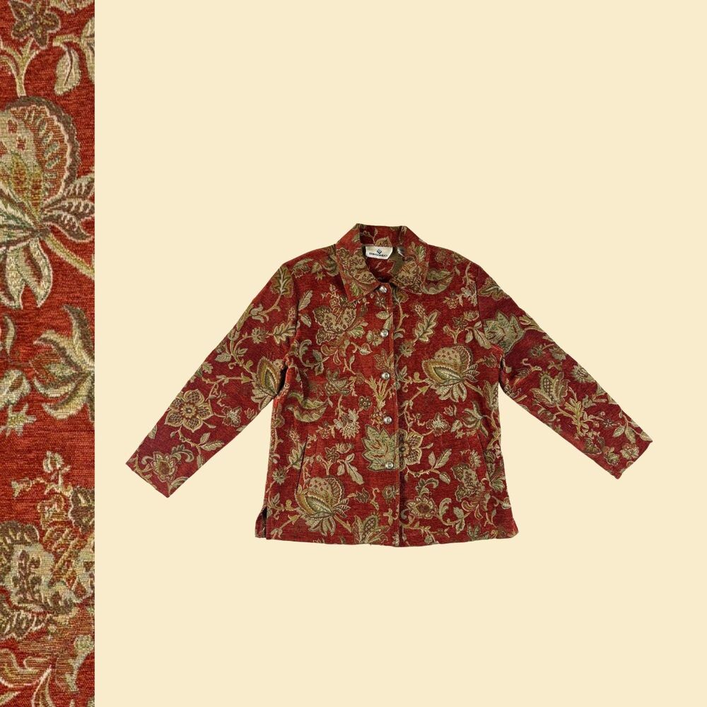 1990s size S tapestry jacket, vintage Erin London burgundy & beige jacket